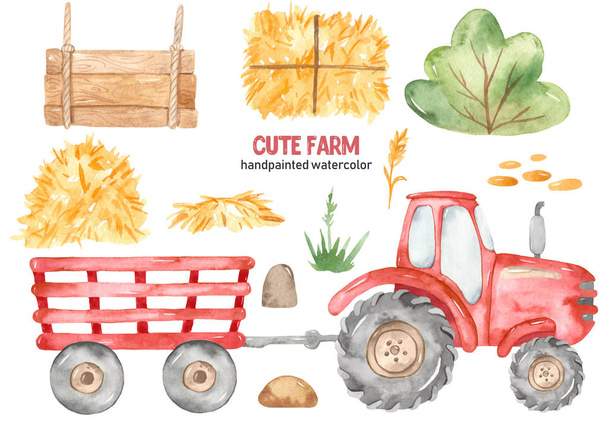 Watercolor cute farm with a red tractor with a trailer, hay, plate, bush - Photo, Image