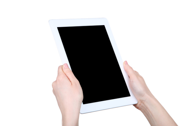 Beyaz arka plan üzerinde izole kadın elinde tablet bilgisayar - Fotoğraf, Görsel