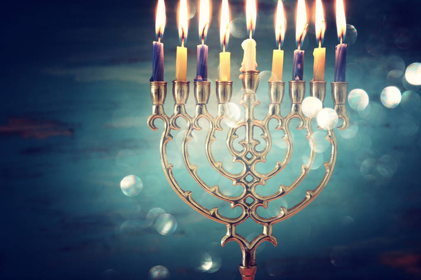 Religion image of jewish holiday Hanukkah background with menorah (traditional candelabra) and candles - Photo, Image