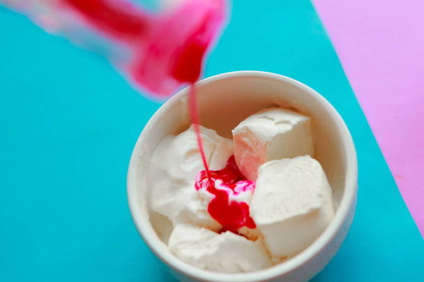 vanilla ice cream and syrup closeup - Photo, Image