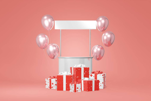 Festive booth promotion stock white gift box mockup, balloon red background. Advertising store sale. Concept black friday, christmas, new year. 3D rendering - Foto, imagen