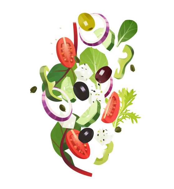 Sałatka grecka wspólne składniki, warzywa w plasterkach, zielenina liściasta, ser feta - Wektor, obraz