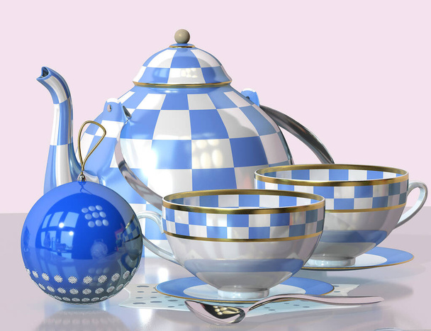 3D illusztráció porcelán kockás teáskanna porcelán teáscsésze s - Fotó, kép