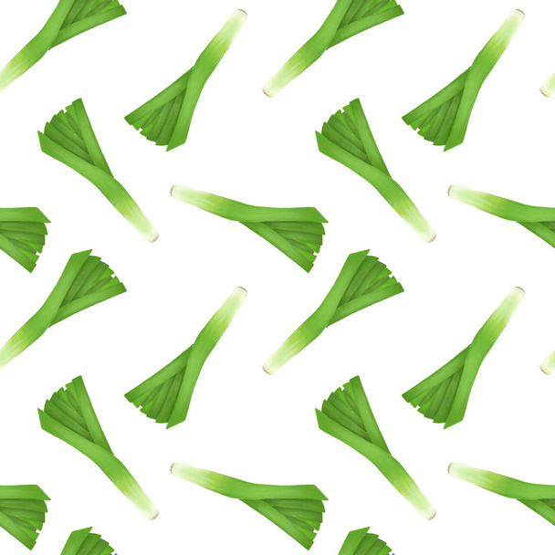 Bezešvý vzor se zeleným pórkem, ručně kreslené na bílém pozadí - Fotografie, Obrázek
