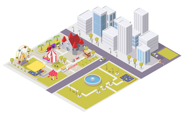 Vektor flache isometrische Stadt mit Freizeitpark-Attraktionen - Vektor, Bild