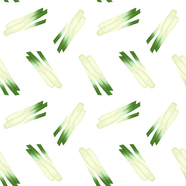 Zökkenőmentes minta zöld hagymával, kézzel rajzolt fehér háttér - Fotó, kép