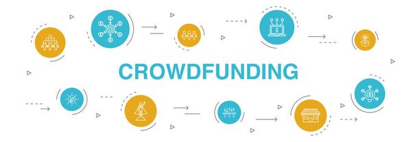 Crowdfunding Infographie cercle en 10 étapes design.startup, lancement de produits, plateforme de financement, icônes communautaires simples
 - Vecteur, image