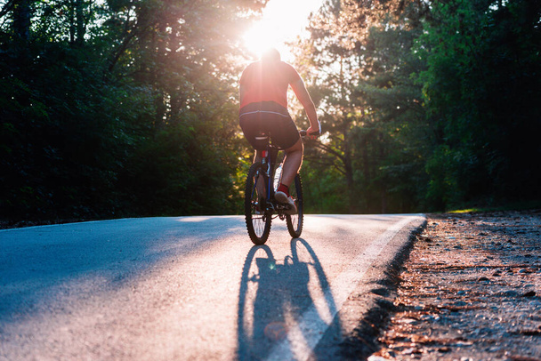 masculino ciclista equitação seu bicicleta no por do sol no um estrada através profundidade wo
 - Foto, Imagem