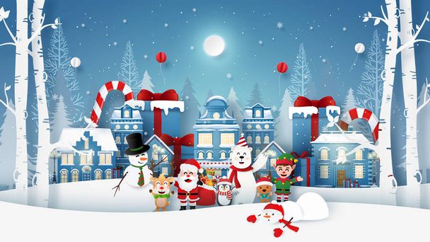 折り紙アートサンタクロースと雪の町でかわいいキャラクターとクリスマスパーティーの風景、メリークリスマスとハッピーニューイヤー - ベクター画像