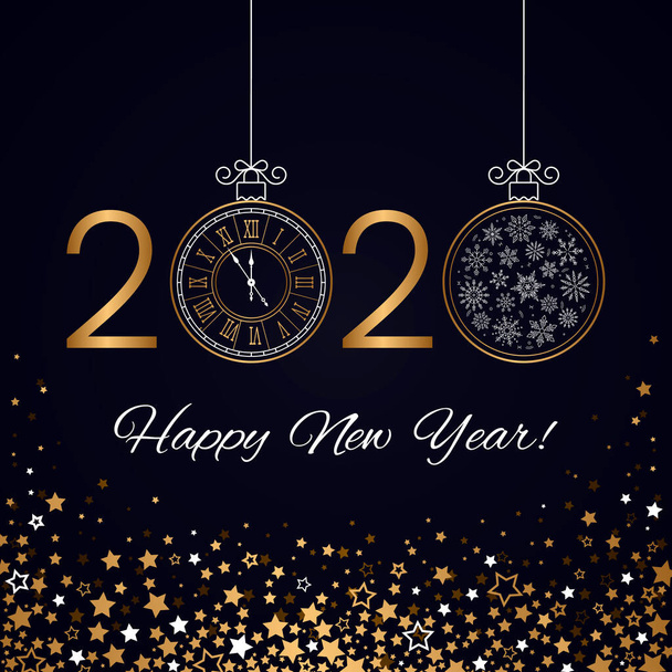2020 glückliches neues Jahr Grußkarte oder Banner auf dem Hintergrund von Feuerwerk, Funkeln und Sternen und einer Weihnachtskugel mit Weihnachtsbaum. - Vektor, Bild