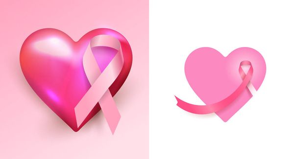 Σετ ροζ καρκινική κορδέλα με καρδιά. Γυναίκα σχεδιασμό εικονίδιο του καρκίνου,  - Διάνυσμα, εικόνα