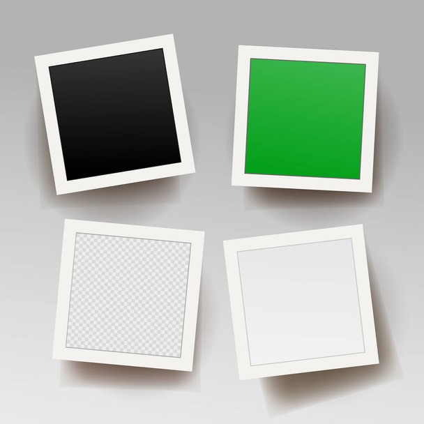 Set of square photo frame template with shadows. Photo with black, green, transparent and white background. Vector illustration. Isolated on white background. - Vector, Image