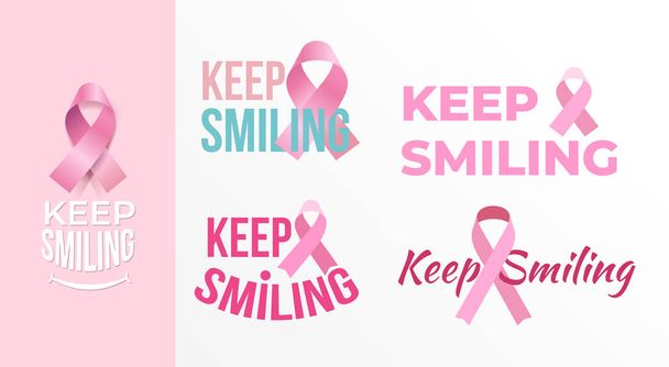 女性の癌のリボンのセットは笑顔のタイポグラフィのスタイル、ポスターを保つ - ベクター画像