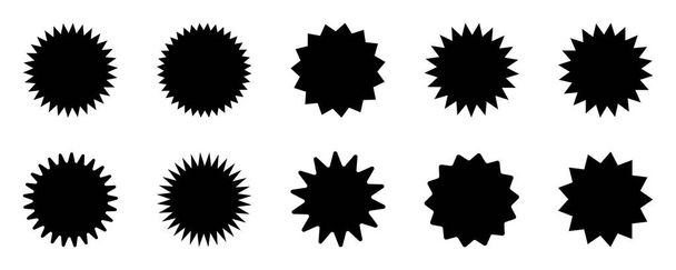 Conjunto de estrellas vectoriales, insignias de explosión solar. Iconos negros sobre fondo blanco. Etiquetas vintage de estilo plano simple, pegatinas. - Vector, imagen