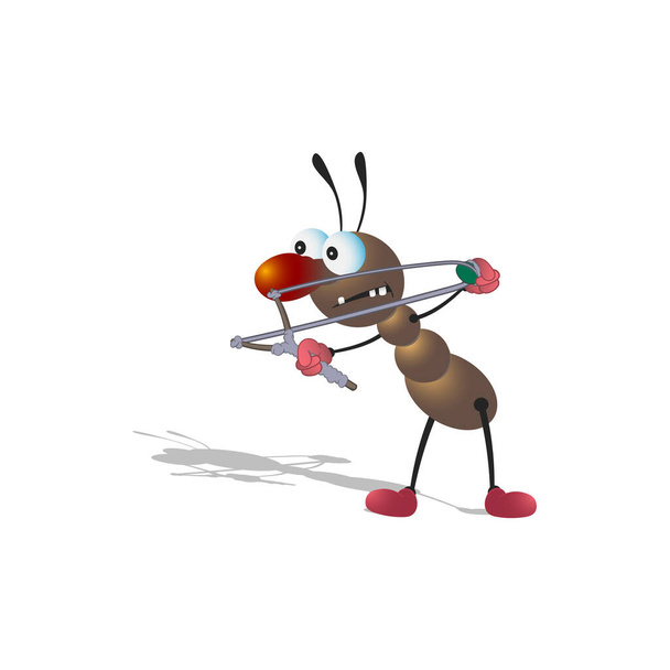 Una pequeña hormiga marrón de dibujos animados armada con una honda apunta y se prepara para disparar. Aislado sobre un fondo blanco con una sombra
. - Vector, imagen