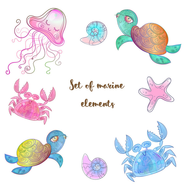 Set of cute sea animals octopus seahorse whale and jellyfish. Vector Watercolor. - Vecteur, image