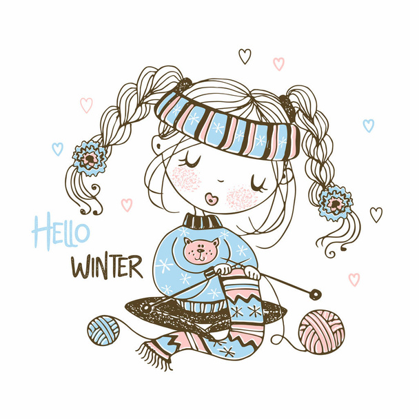 Schattig meisje bereidt zich voor op de winter breien een sjaal. Hallo winter. Vector. - Vector, afbeelding