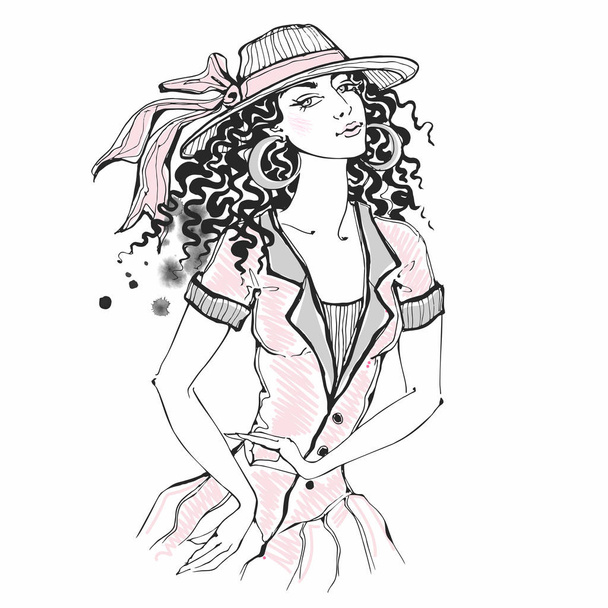 Elegant girl with a hat. Sketch and watercolor spots. Vector. - Vector, Image