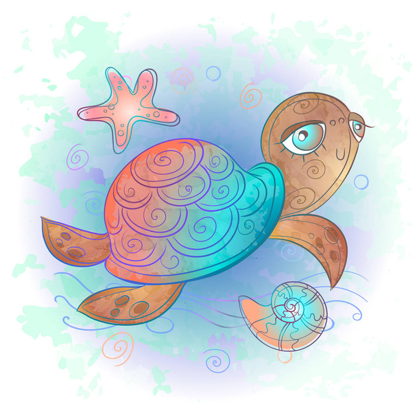 Cute sea turtle. Sea world. Watercolor Vector - ベクター画像