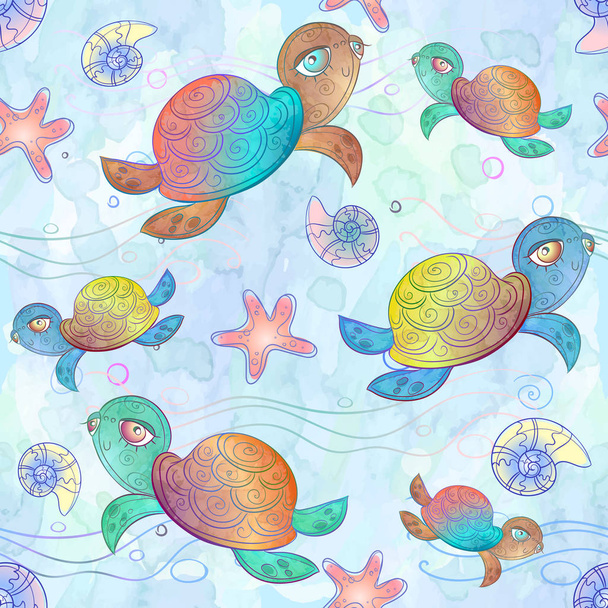 Seamless pattern with sea turtles. Vector. Watercolor - ベクター画像