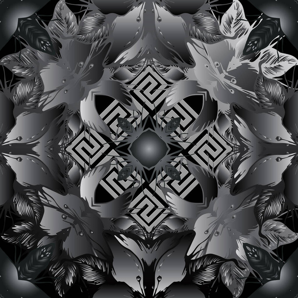 Grunge floral greek 3d vector seamless pattern. Dark black floral abstract background. Modern grungy repeat glowing backdrop. Geometric greek key meanders ornament. Textured black flowers, leaves - Vector, afbeelding