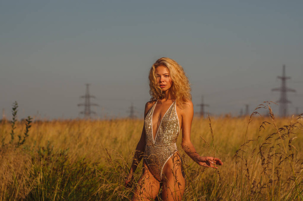 Young woman in golden glittering bodysuit among the field on sun - Foto, afbeelding