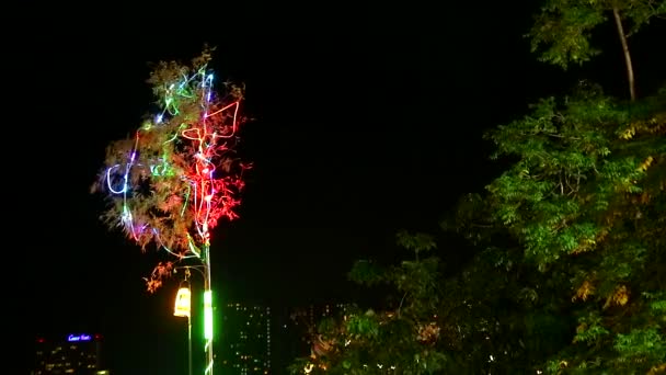 Kuru bambu, Vejetaryen Festivali sırasında gökkuşağı ışığıyla süslenmişti. Tanrıların övgü ve kutsaması. - Video, Çekim