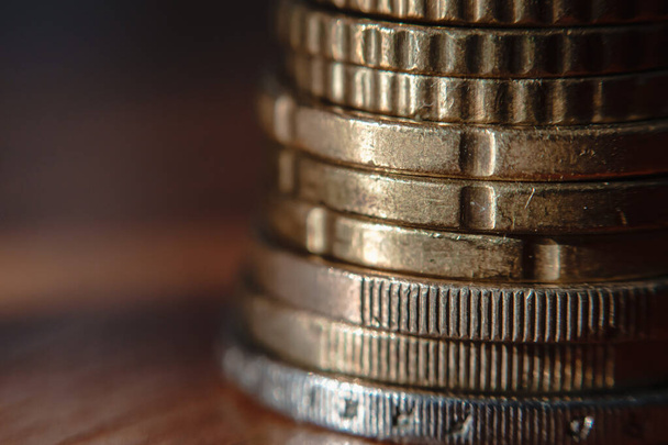 Super close-up stack of EU coins, selective focus - Фото, изображение