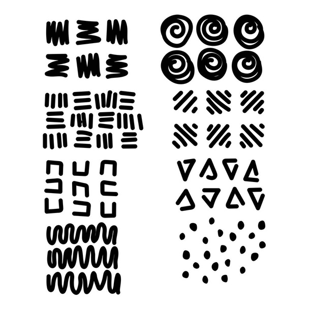 Vector set of hand-drawn elements: different types of hatching, curls, lines, spots . Isolated on white background. Hand drawn abstract illustration. - ベクター画像