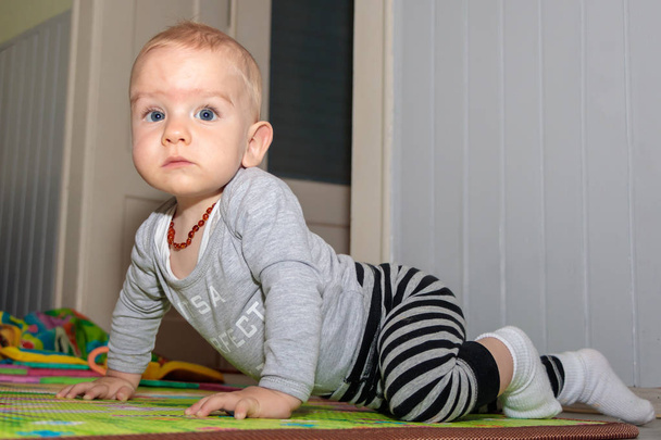 Dokuz aylık, sarı saçlı ve mavi gözlü bir çocuk. Yerde oynayan çocuk. Bebek fotoğrafçıya poz veriyor. - Fotoğraf, Görsel