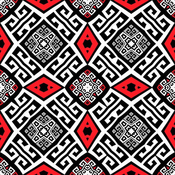 Tribal black white red elegant greek style vector seamless pattern. Ornamental geometric ethnic background. Colorful abstract decorative backdrop. Geometric modern ornate greek key meanders ornament - Vektör, Görsel