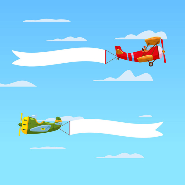 Red retro airplanes aircraft with advertising banner ribbon in the cloudy sky. Vector isolated illustration - Vector, Image