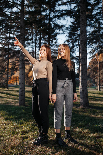 Charming two young twin sisters in casual outfit with bright smile posing at the park. - Foto, Bild