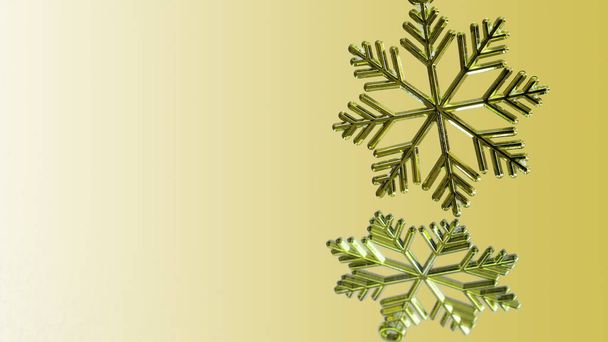 Golden plastic snowflake New Year's decoration on a golden background. Reflection in the mirror.  - Foto, Imagen