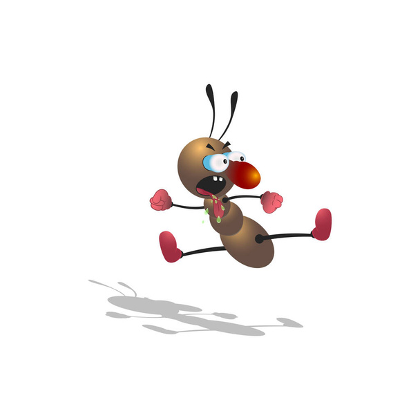 Pieni sarjakuva ruskea muurahainen hyppääminen ja taistelevat tyyliin taistelulajien. Eristetty valkoisella pohjalla varjossa
. - Vektori, kuva