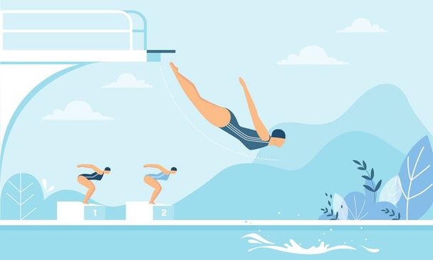 Women Taking Part in Diving Competition Cartoon - Vector, Image