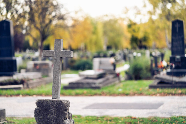 Graves at a cemetery. Cross in the foreground. - Foto, Bild