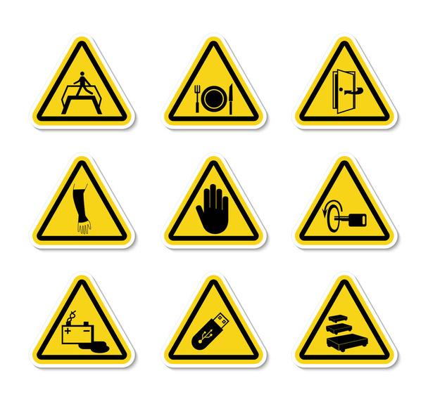 Треугольное предупреждение Символы опасности этикетки подписать изолировать на белом фоне, векторная иллюстрация
  - Вектор,изображение