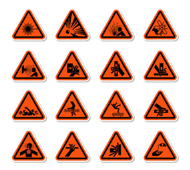 Треугольное предупреждение Символы опасности этикетки подписать изолировать на белом фоне, векторная иллюстрация
  - Вектор,изображение