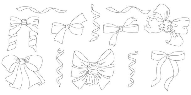 Set of bows and ribbons on a white background. Vector decorative ribbons and bows for coloring in linear style. - ベクター画像