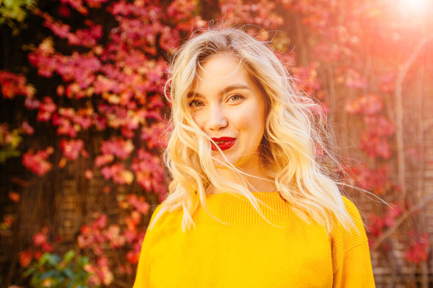 Lifestyle portrait of happy blond woman in yellow sweater with red lips flying hair, windy autumn sunny day on red brick wall with climbing grapes on background. Close up portrait. - 写真・画像