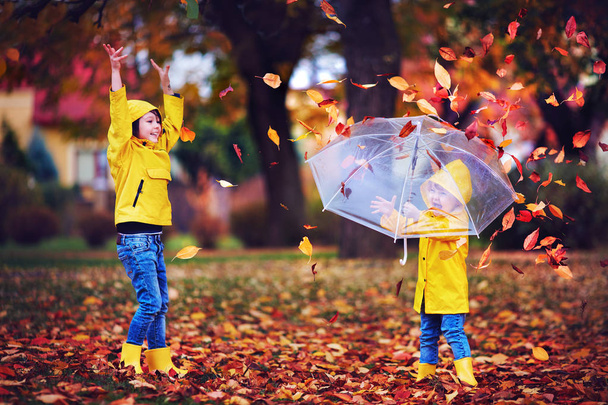 niños felices emocionados divirtiéndose, lanzando hojas en el parque de otoño, usando botas y abrigos de lluvia
 - Foto, Imagen