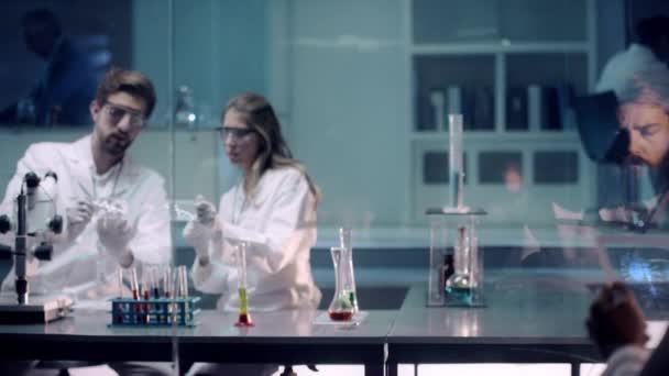 Team of Medical Research Scientists compare DNA Strand Molecule as they work on Genetic Engineering with Transparent Glass Displays. Doctor uses transparent tablet. Shot on RED Epic Helium W 8K Camera - Filmagem, Vídeo