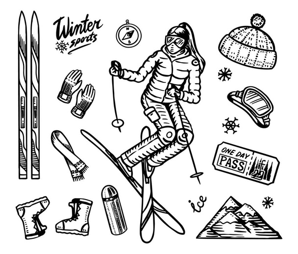 冬のスポーツシーズン。ヴィンテージスノーボードとスキー、ジャンプ選手、山ロープウェイ、ケーブルカーやロープウェイ、スケート、屋外活動のための暖かい服。手描きベクトル背景｜Doodle style. - ベクター画像