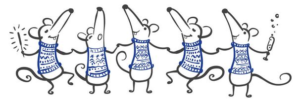 Öt táncoló aranyos egér vagy kék pulóveres patkány, akik élvezik a kínai újév ünneplését 2020-ban. Vektor kézi rajz illusztráció képeslaphoz vagy bannerhez - Vektor, kép
