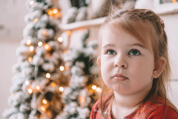 Beautiful litttle girl with christmas tree in the background - Zdjęcie, obraz