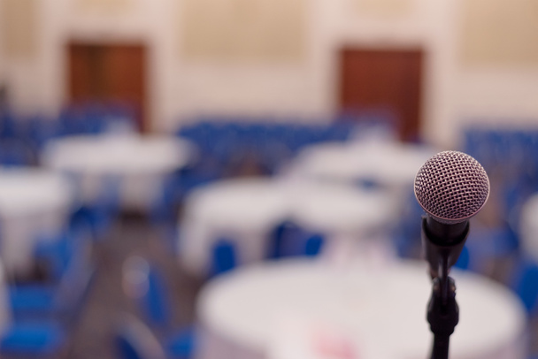 Focus on Microphone in conference room or hall, prepairing for b - Photo, Image