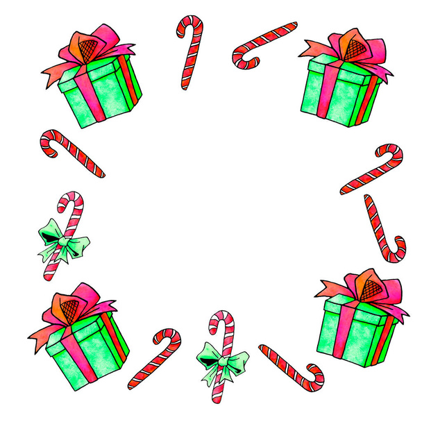 El marco está hecho de bastón de caramelo, cajas de regalo. Fondos y texturas de Año Nuevo y Navidad. Para tarjetas de felicitación, foto, diseño, impresión
 - Foto, Imagen