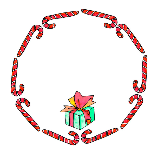 El marco está hecho de bastón de caramelo, cajas de regalo. Fondos y texturas de Año Nuevo y Navidad. Para tarjetas de felicitación, foto, diseño, impresión
 - Foto, Imagen