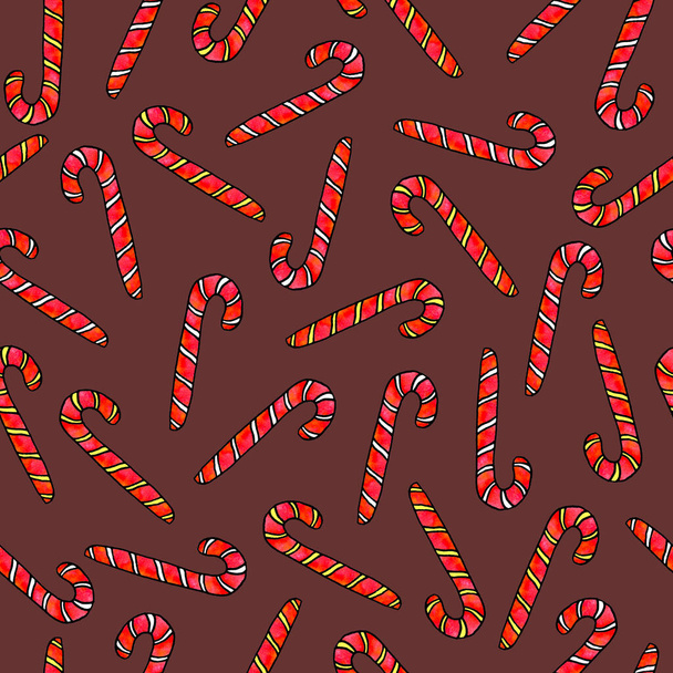 Seamless hand drawn pattern with watercolor candy cane, sweets, lollipop. New year and Christmas backgrounds and texture. For greeting cards, wrapping paper, packaging, fabric, calendars, prints - Foto, imagen